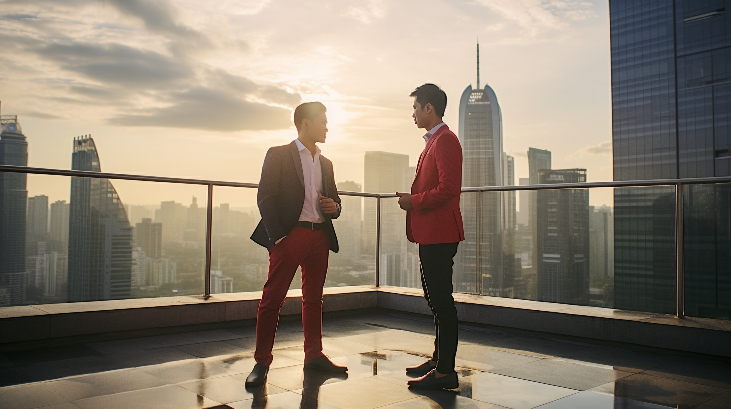 Two young Indonesian businessmen posing on rooftop at sunset