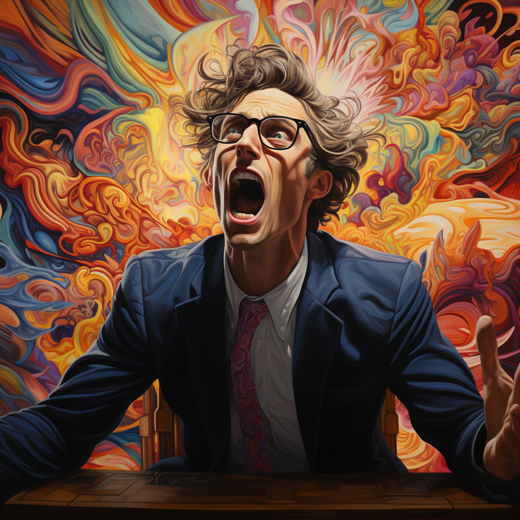 Psychadelic artwork of an insane man pretending to be a lawyer