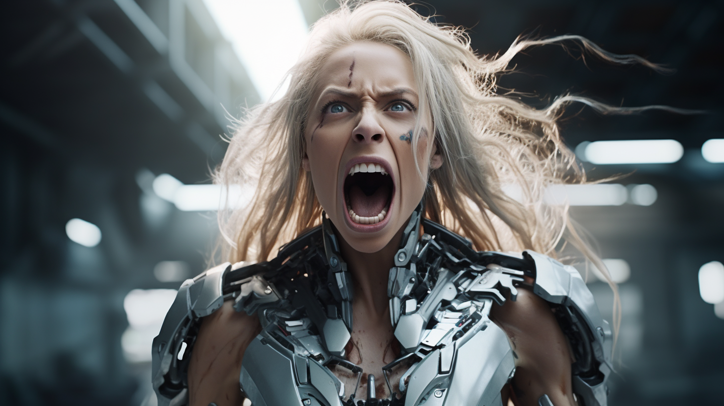 Powerful female cyborg warrior screaming fiercely