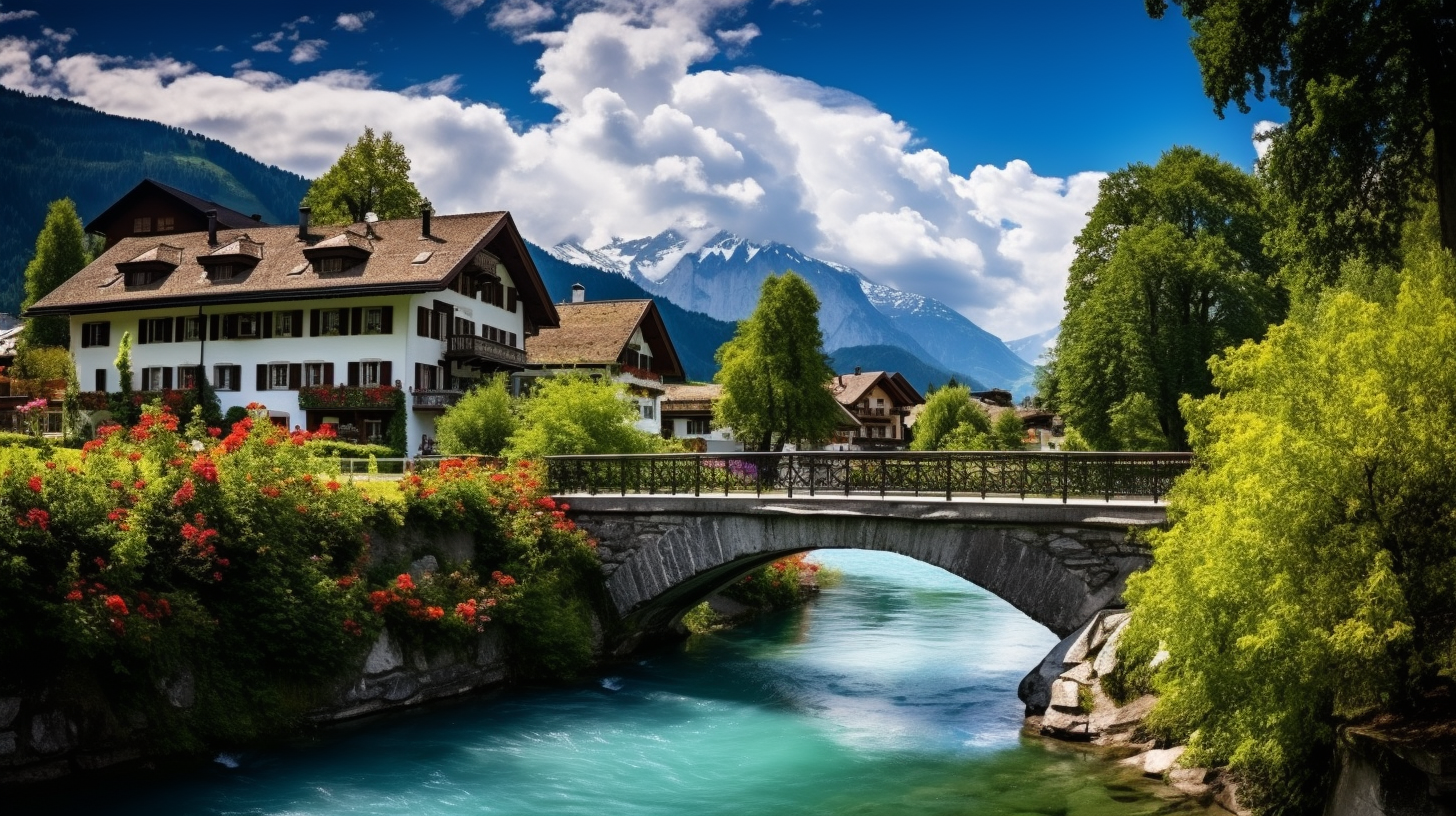 Scenic view of turquoise river and traditional Swiss houses