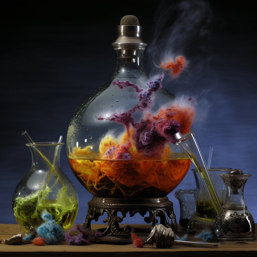 Colorful swirling steam in beakers