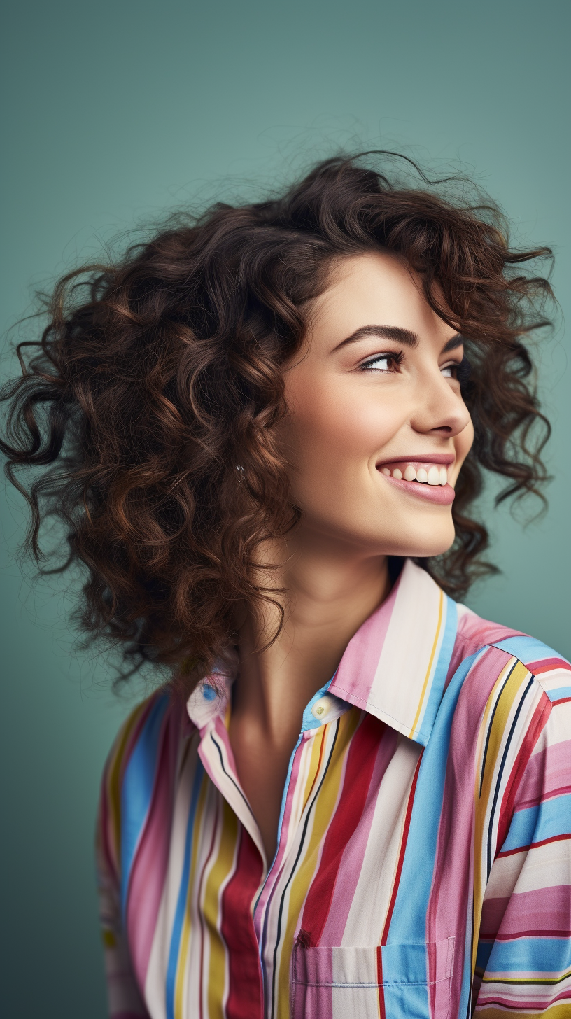 Smiling Irish woman with short curly hair and fashion style