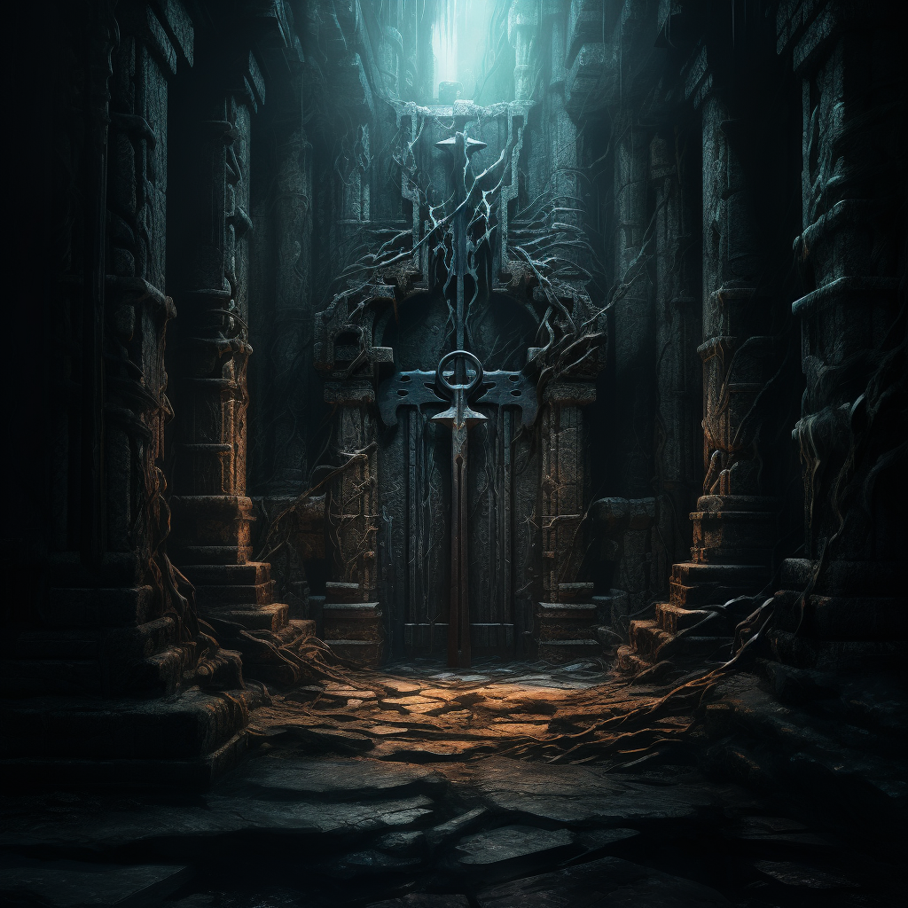 Mysterious iron key in a dark fantasy dungeon