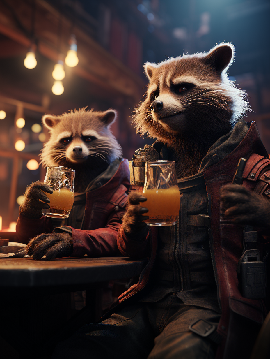 Iron Man and Rocket Raccoon Drinking Beer