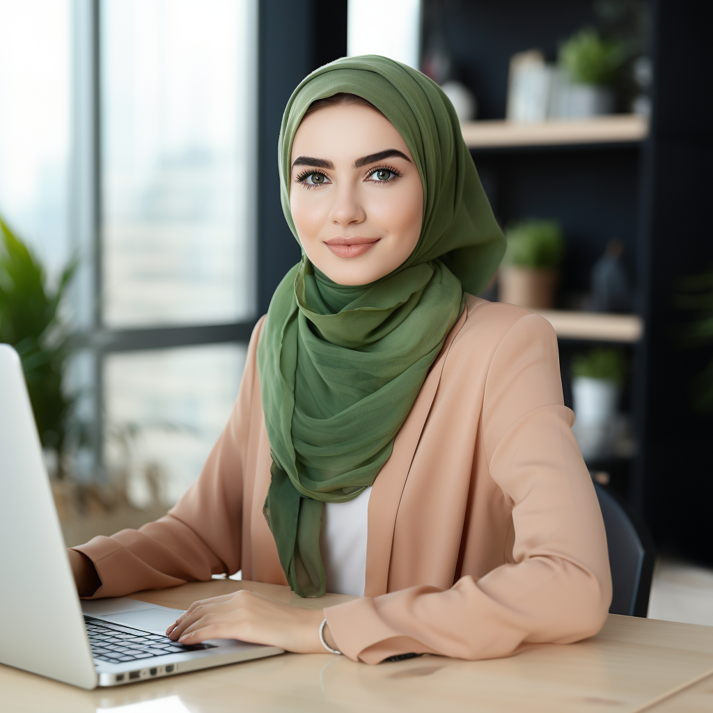 Islamic woman with green eyes at table