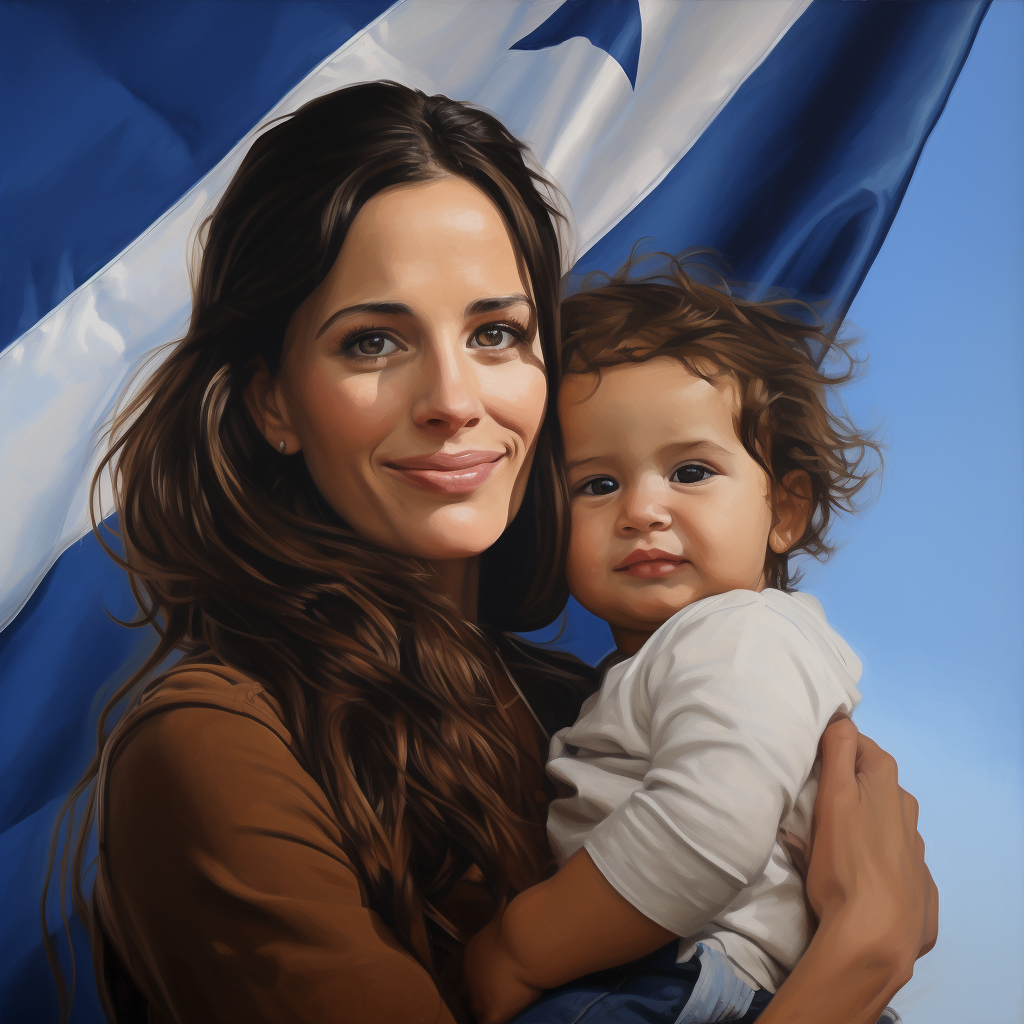 Israeli woman holding Israeli child with flags