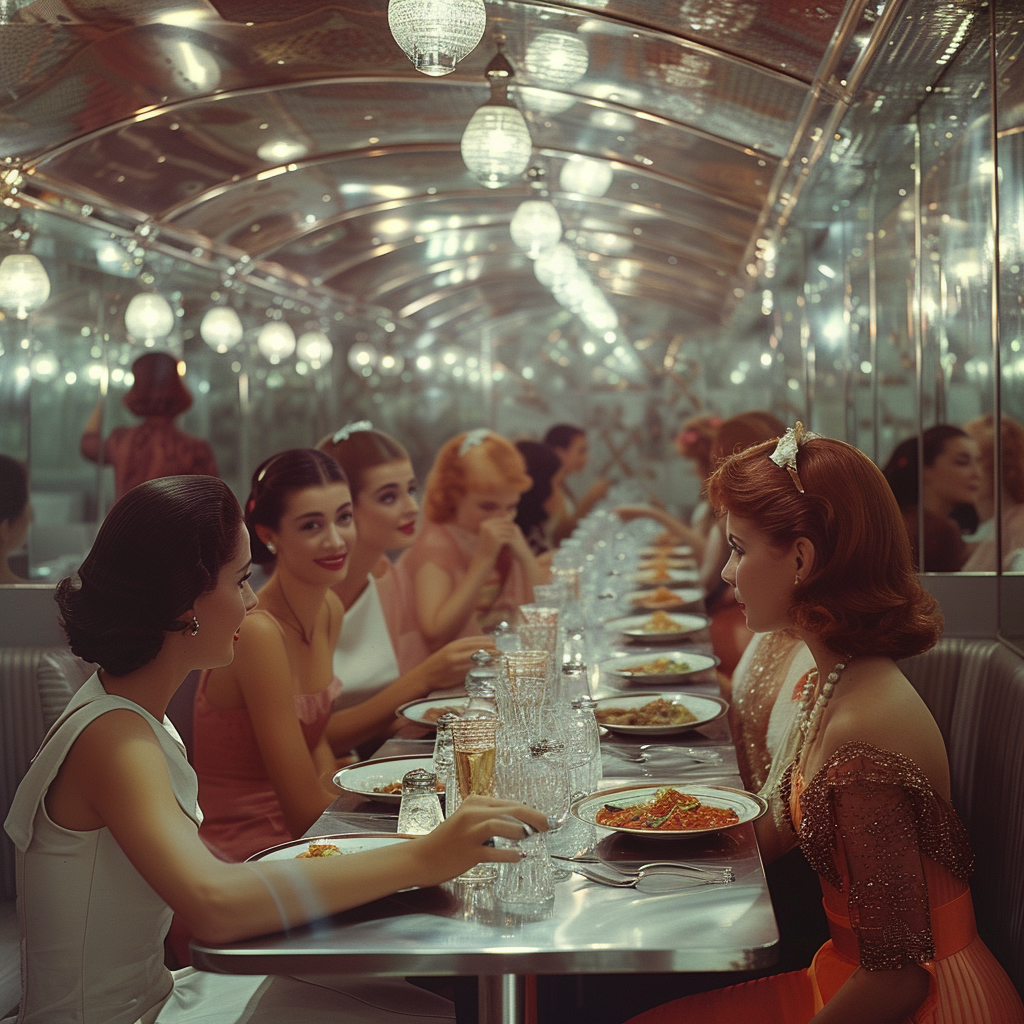 Italian restaurant interior with happy customers eating spaghetti