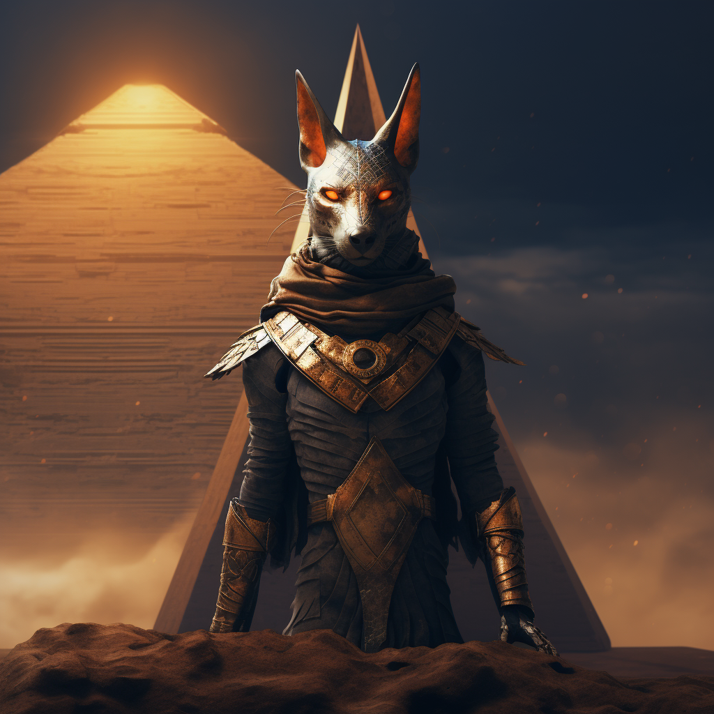 Majestic jackal warrior guarding pyramid