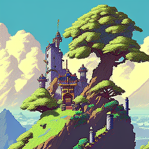 Pixel art castle in Japanese Owlboy style