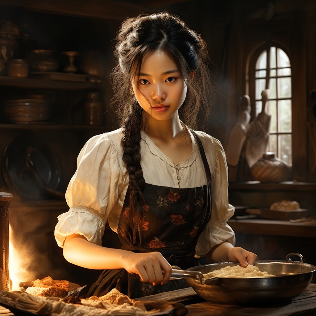 Japanese girl buttering bread in kitchen