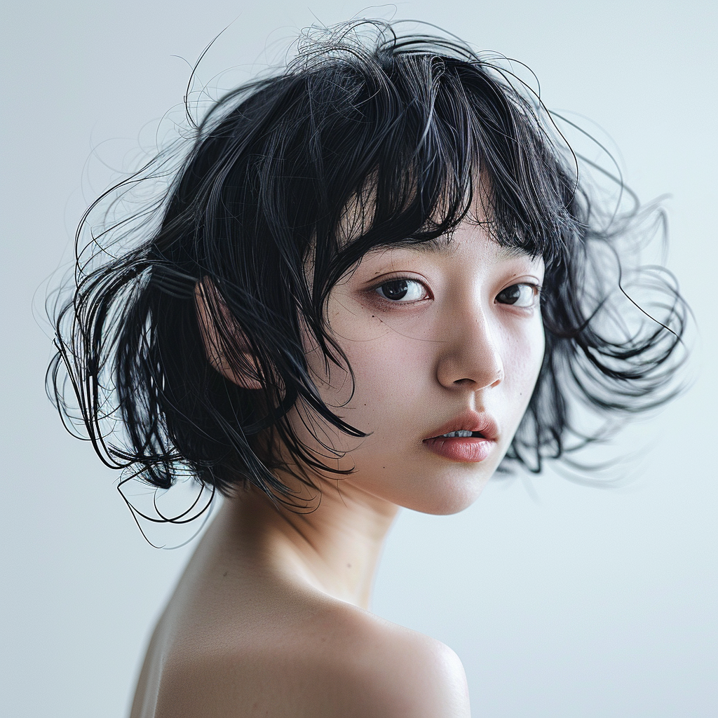 Japanese girl with stylish hair on white background