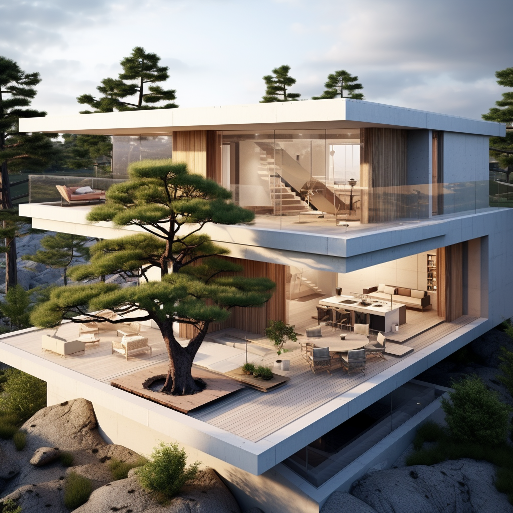 Minimalist villa with central island and tree