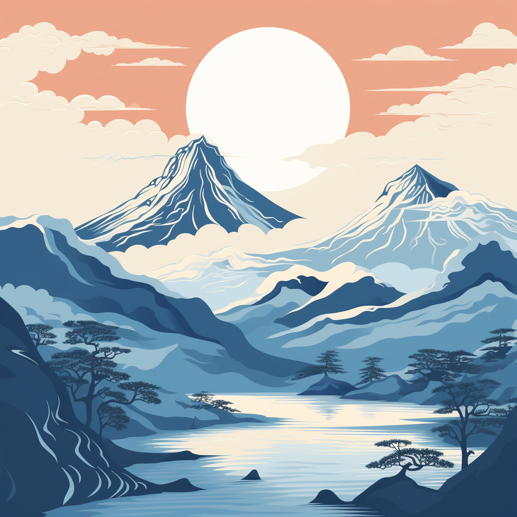 Illustration of Japanese Mountain in Blue and White