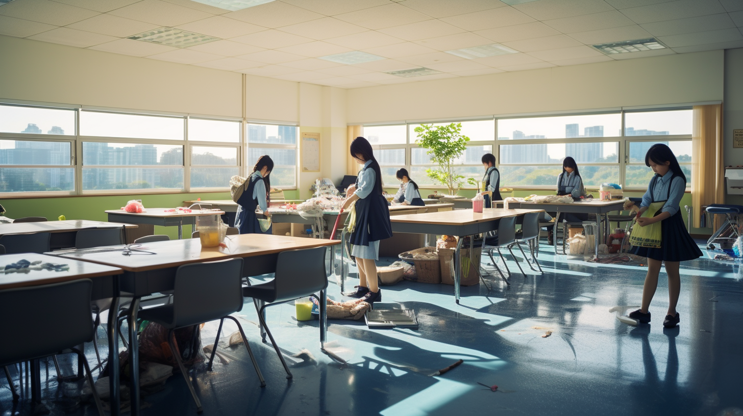 Smiling Japanese School Students Cleaning Classroom