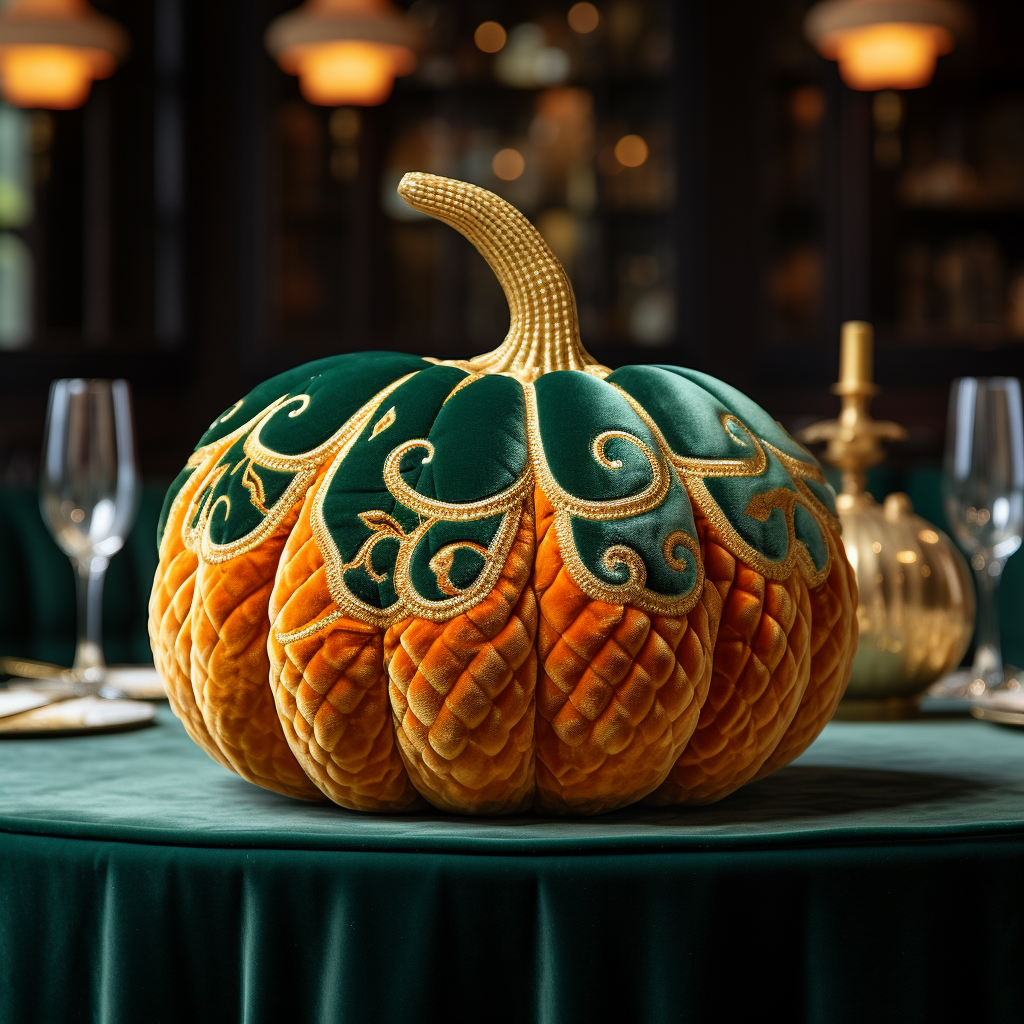 Bright golden pumpkin on velvet tablecloth