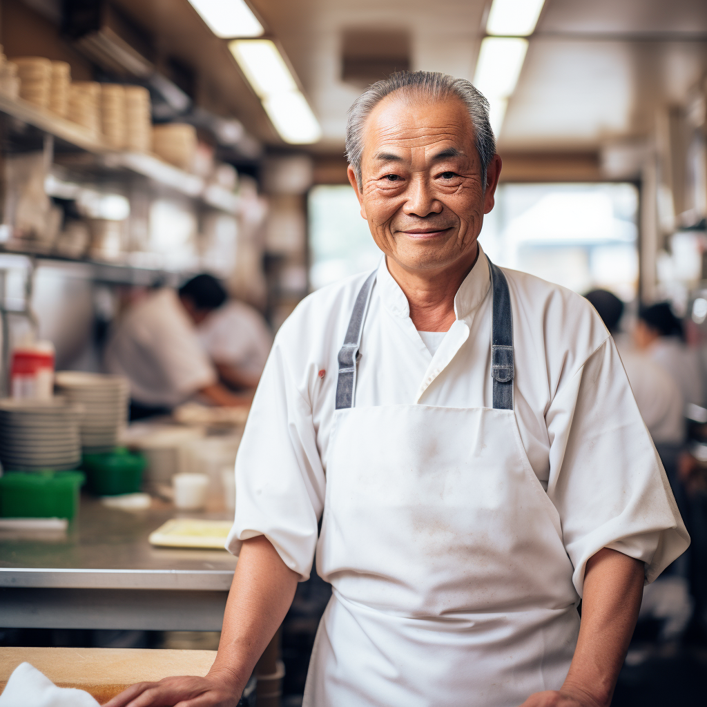 old Japanese sushi chef in restaurant