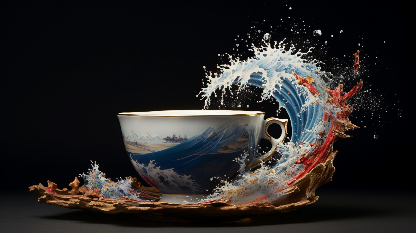 Japanese tea cup overflowing with tea