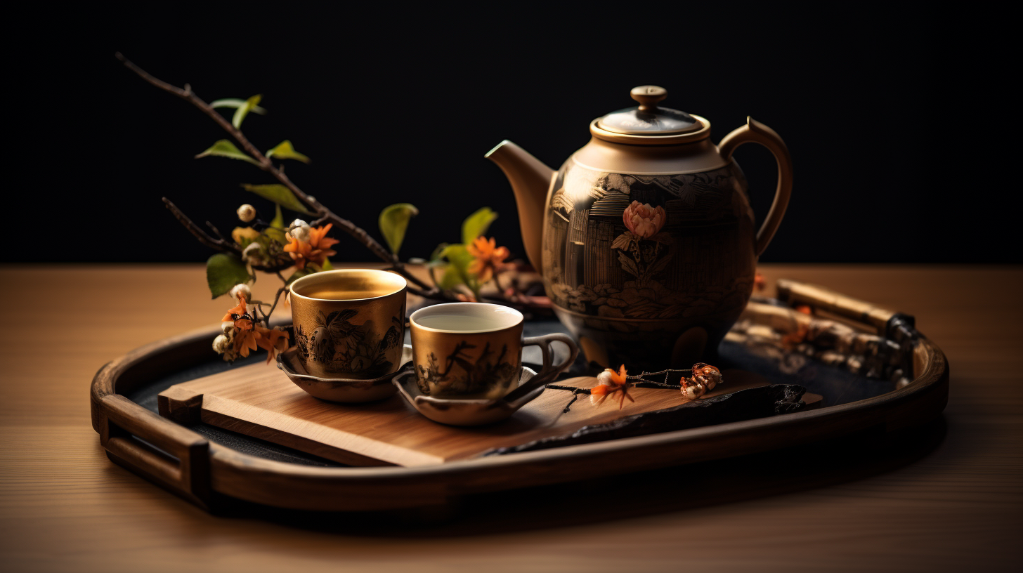 Traditional Japanese tea set on display