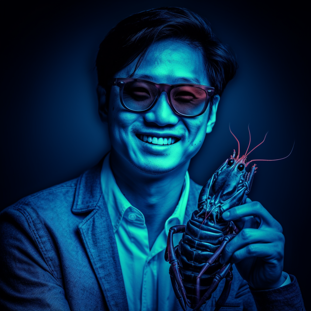 Japanese uncle holding smiling lobster