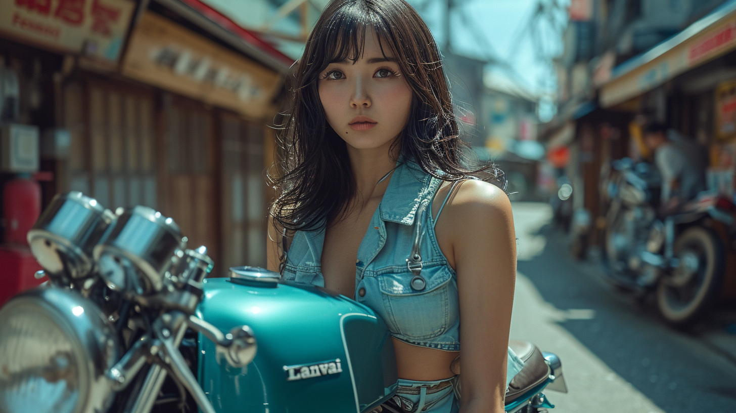 Japanese woman with vintage racing motorcycle