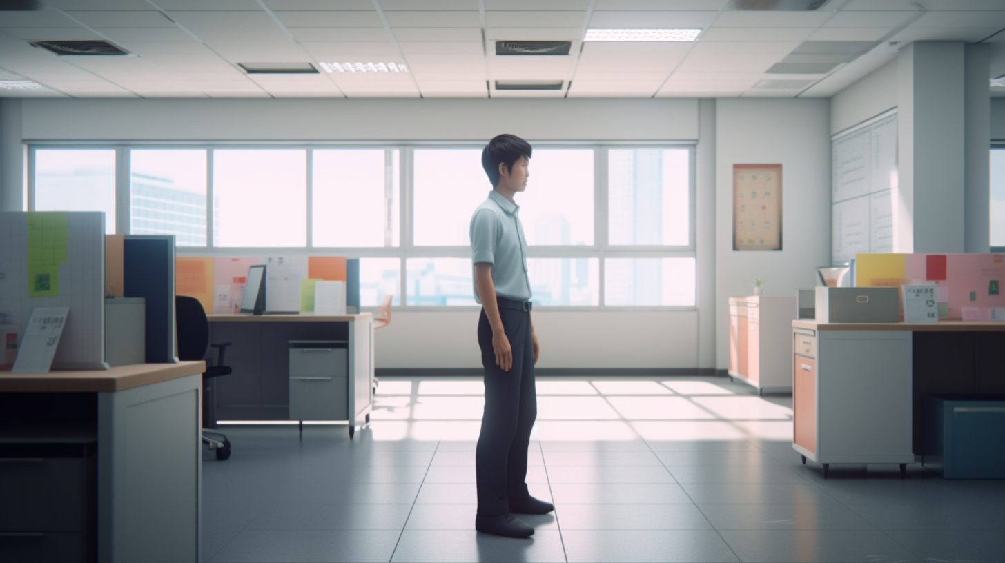 Japanese worker standing in colorful office