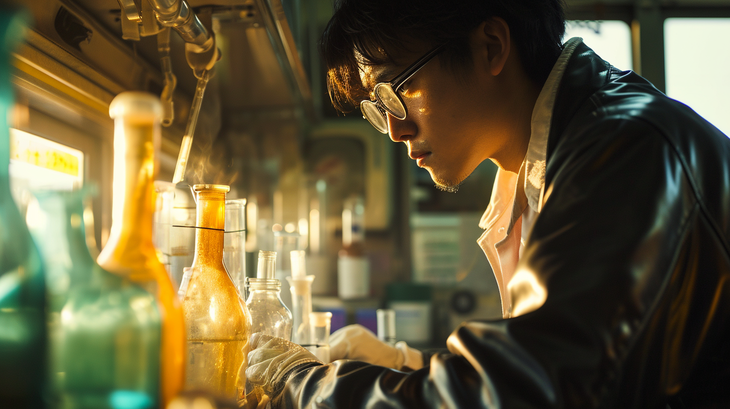 Japanese scientist holding specimen bottles on train