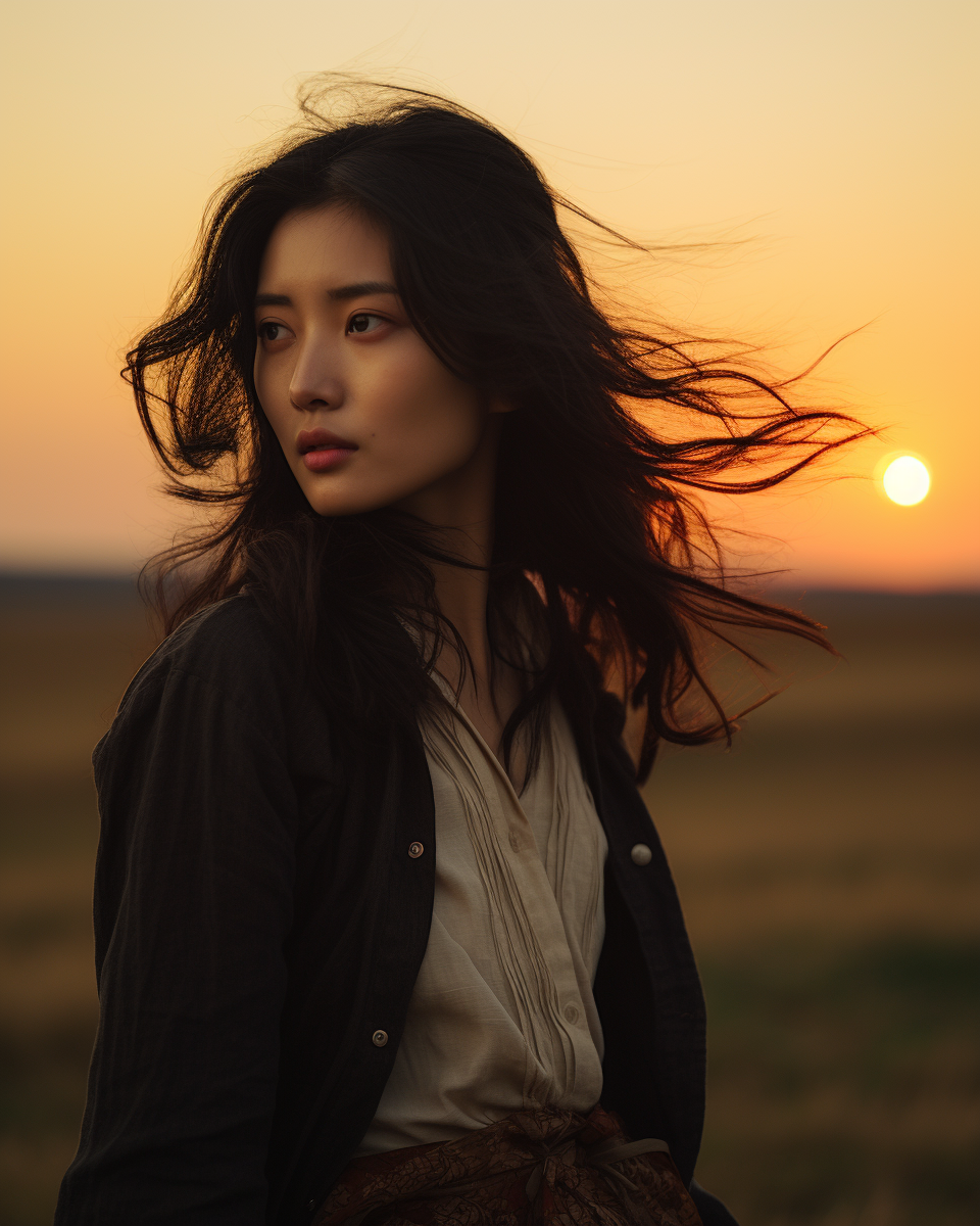 Beautiful Japanese woman in an empty field at sunset