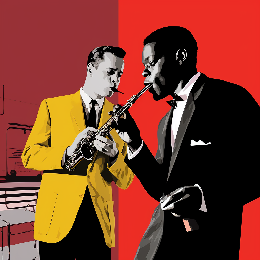 Jazz musicians exchanging cigarette in vintage art