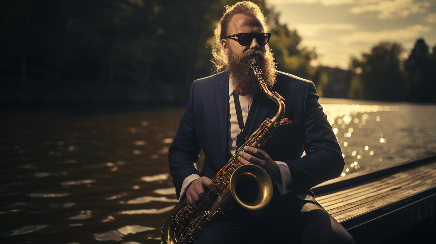 Jazz saxophonist on raft