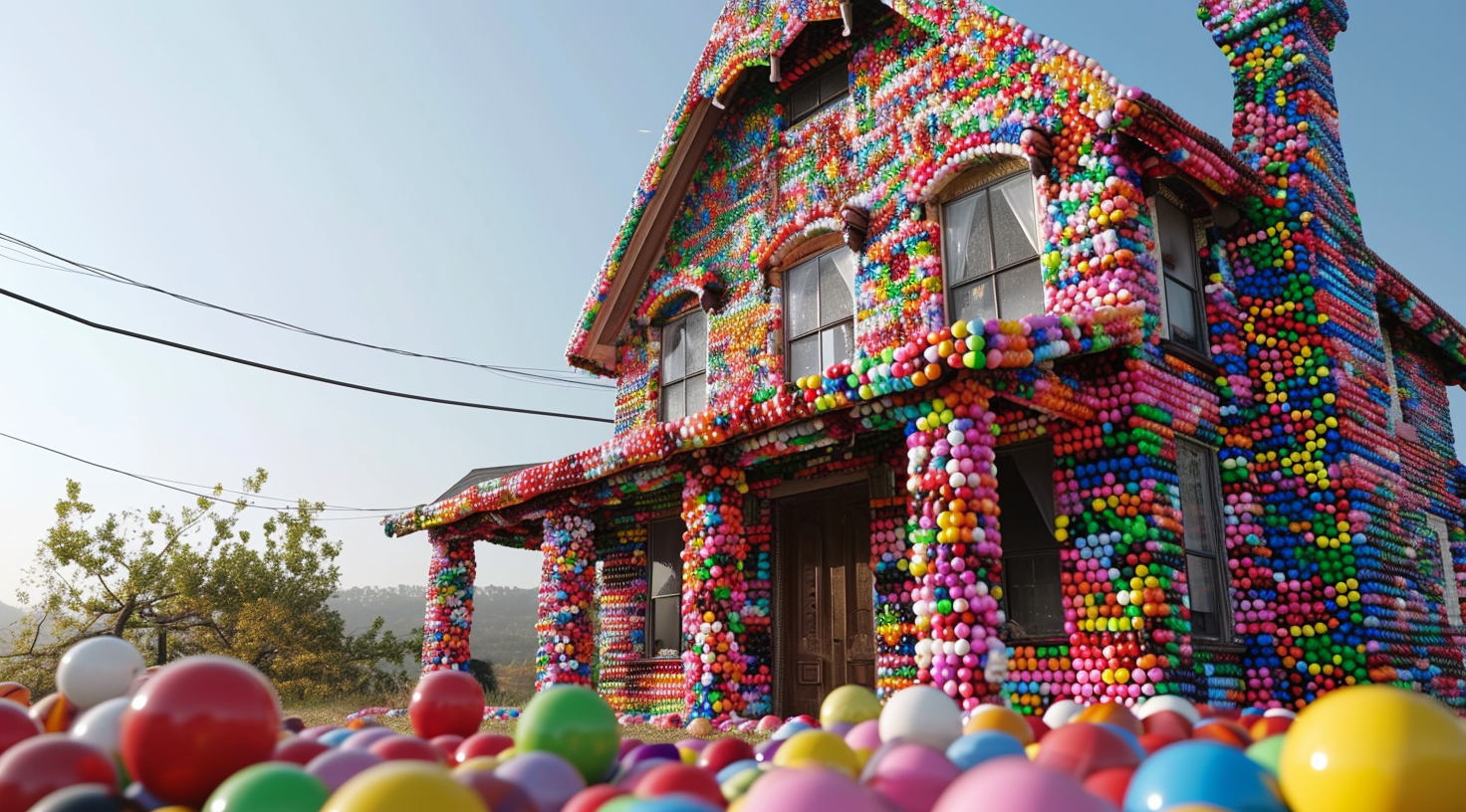 A colorful house made of jelly beans, rubiks cubes, soccer balls, and Sony Playstations