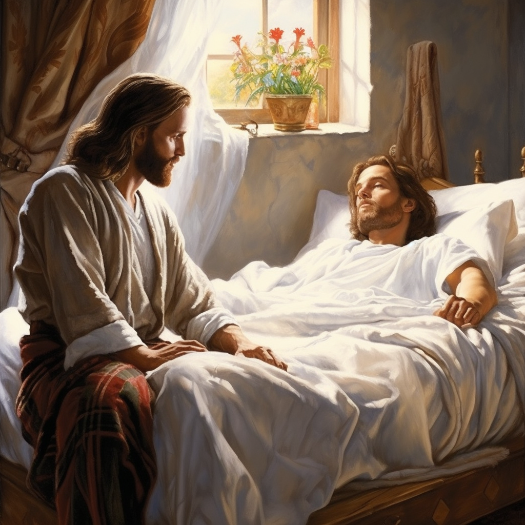 Peaceful scene of Jesus and sleeping man