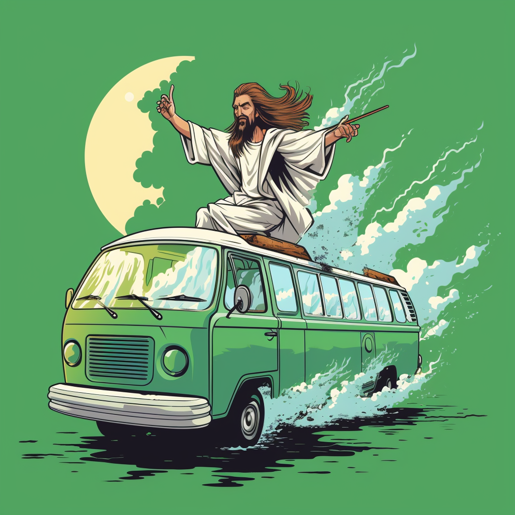 Jesus driving retro van with falling golf clubs