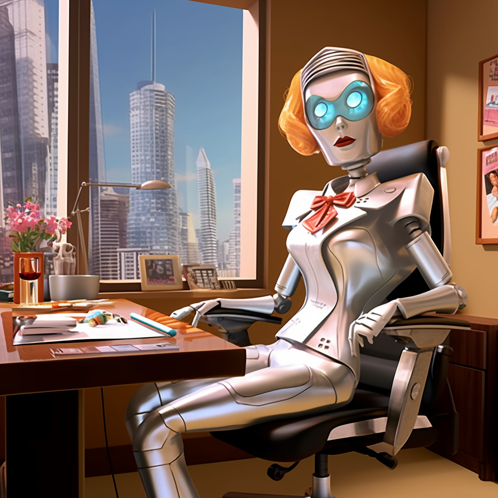 Female Jetsons robot working at mid-century modern executive's office