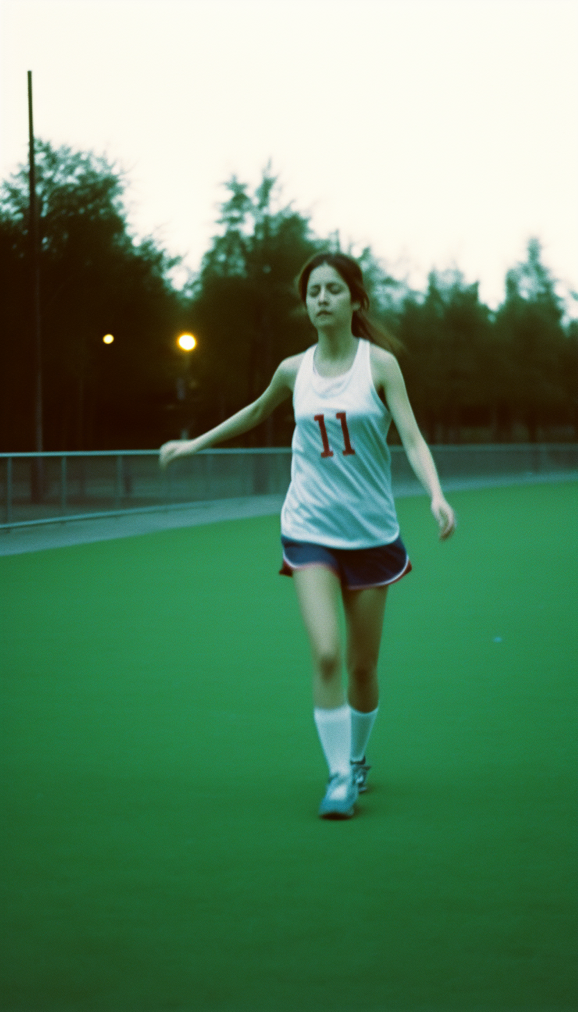 A disheveled woman jogging on a poorly lit track