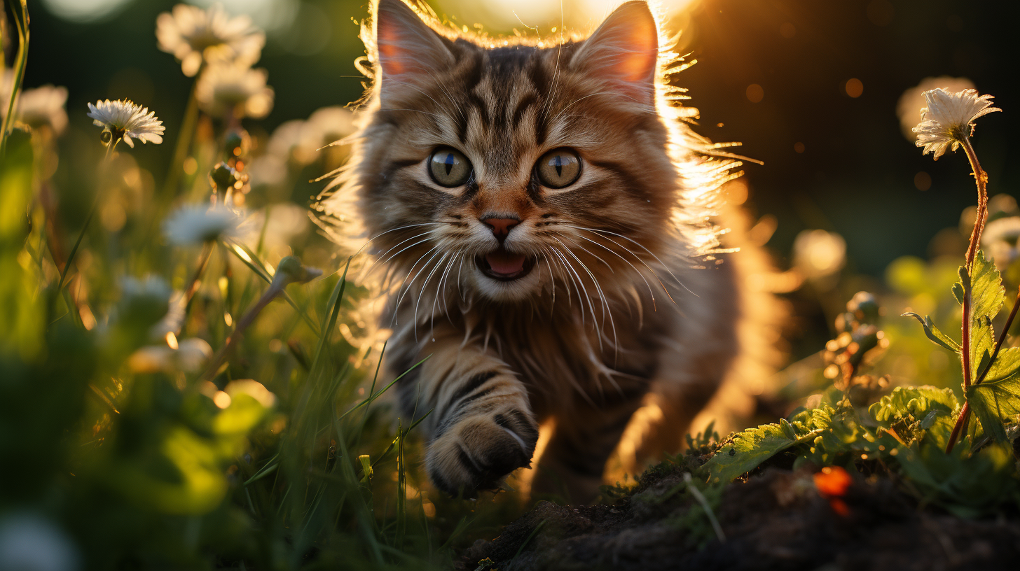 Adorable baby cat playing in morning grass