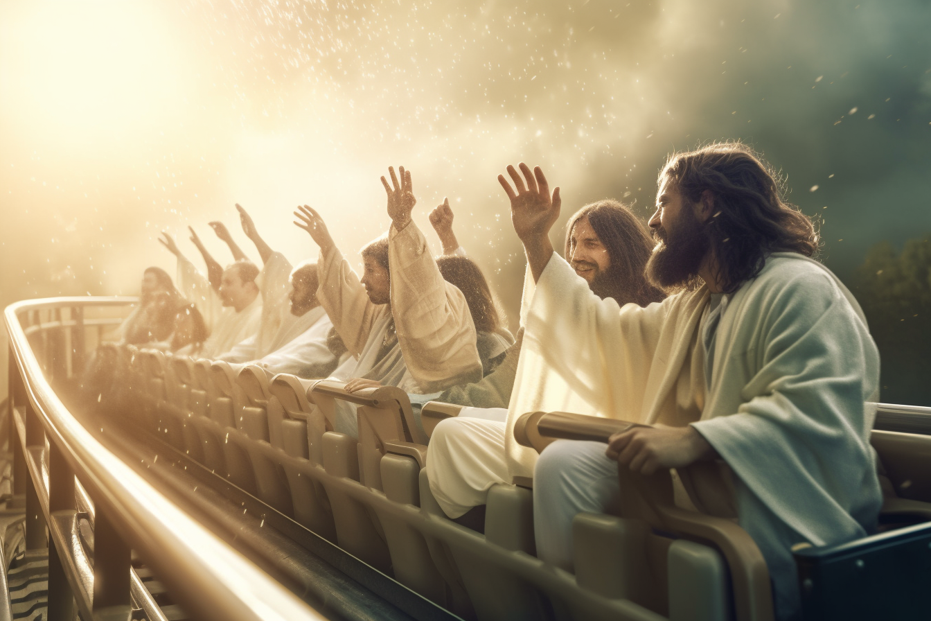 Joyful Jesus riding roller coaster