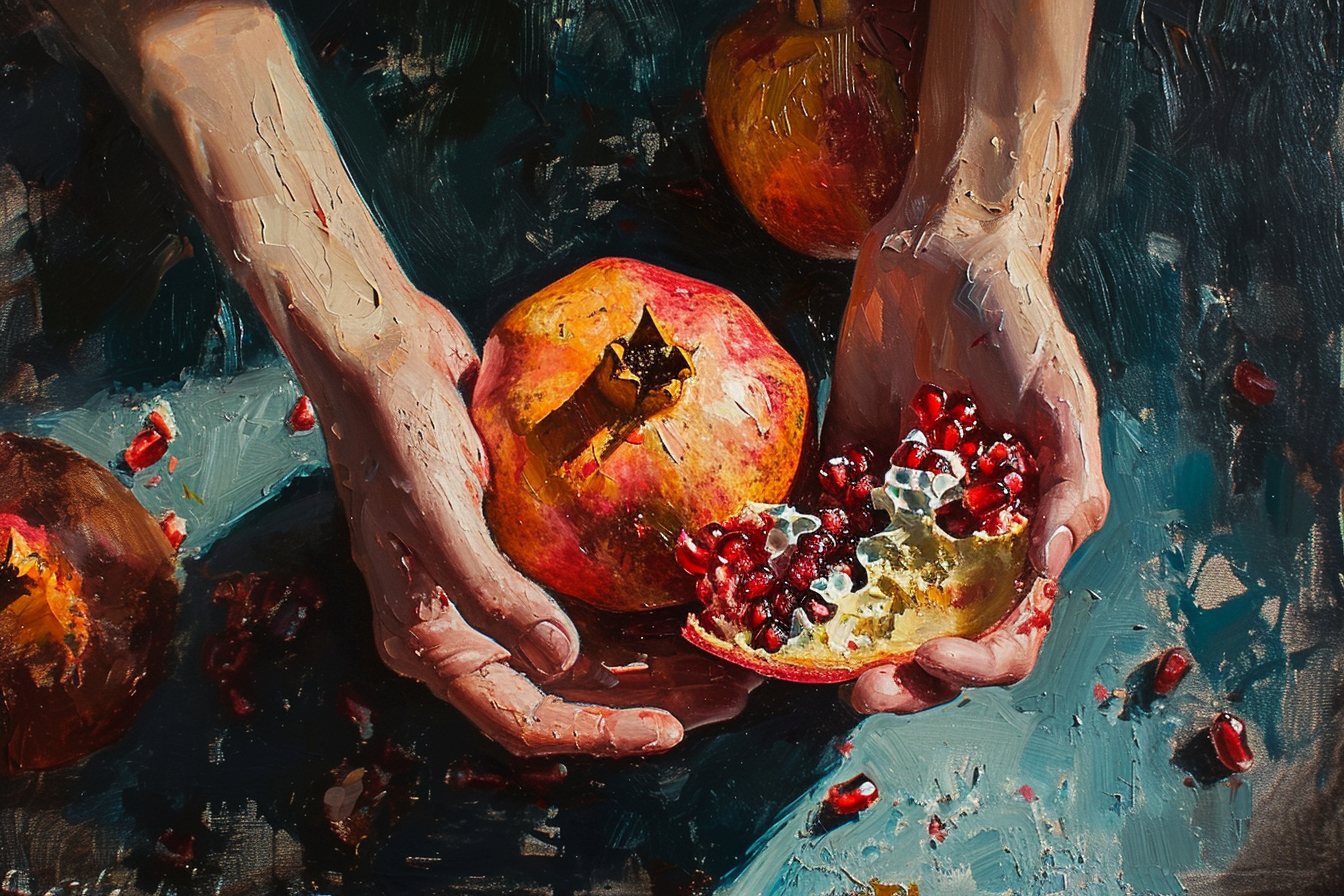 Closeup of hands ripping juicy pomegranate