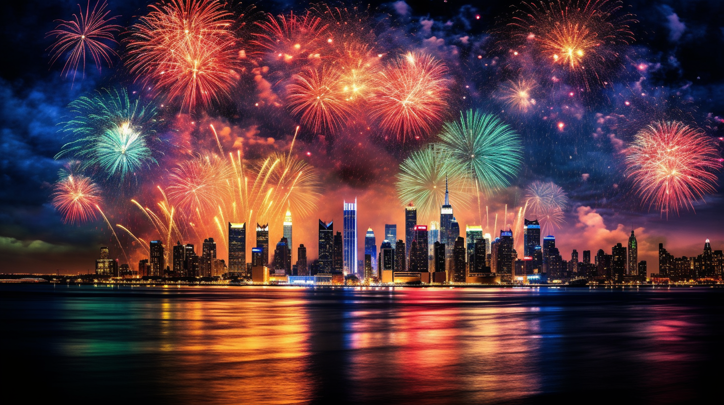 Vibrant fireworks exploding in the night sky