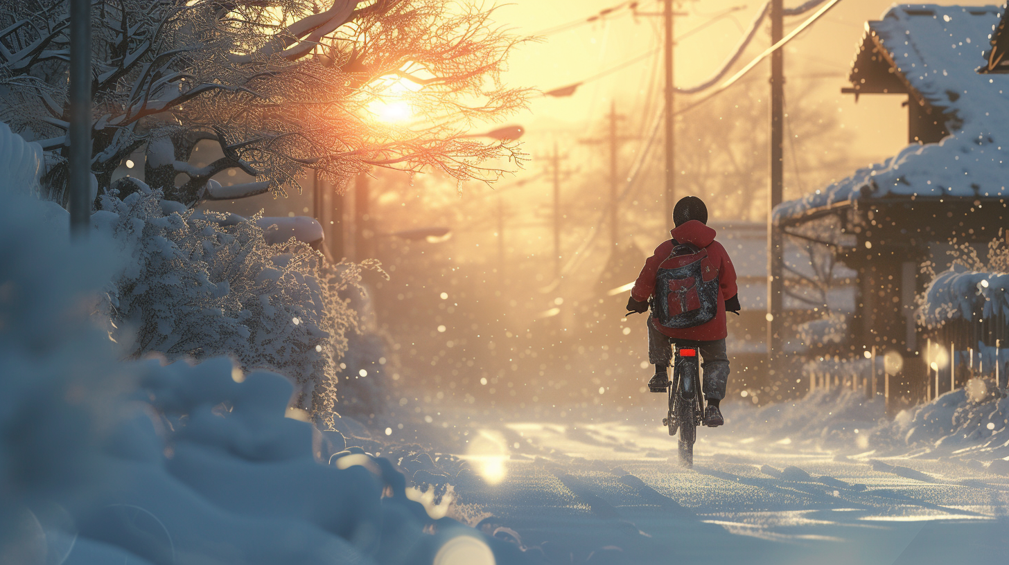 Boy riding bicycle in winter