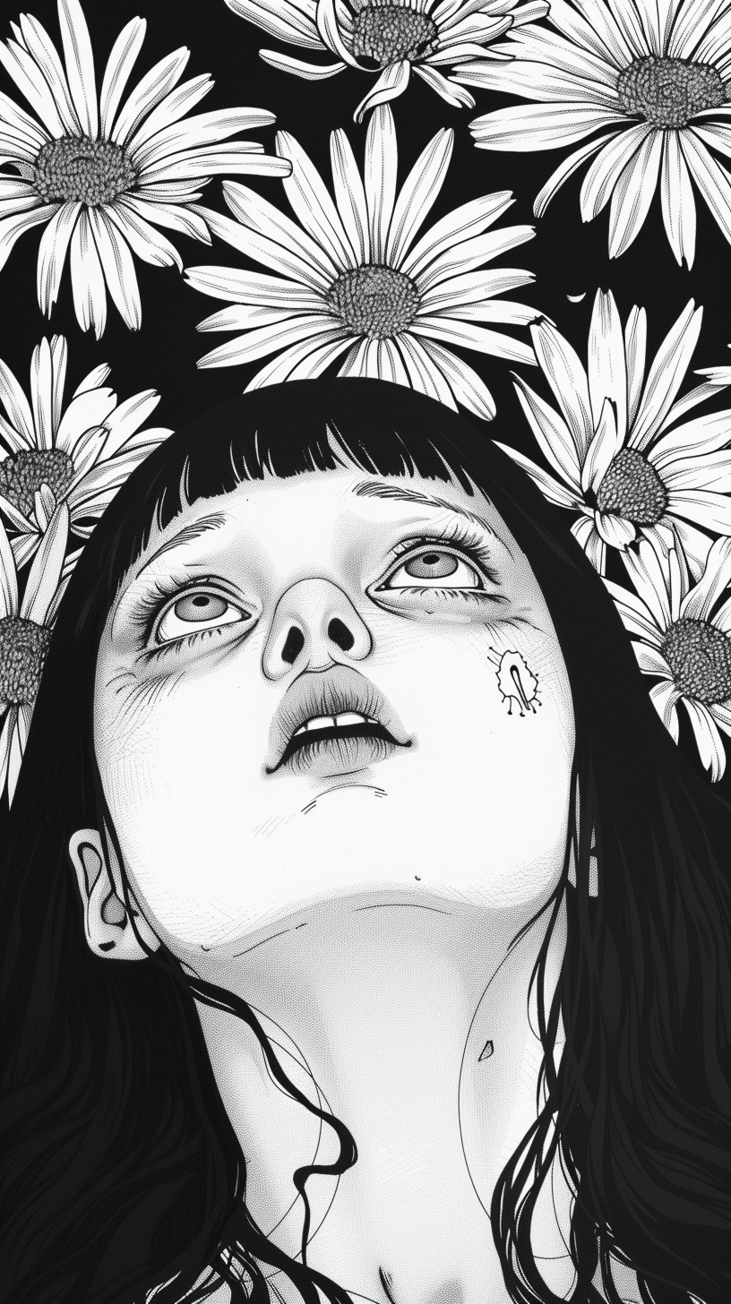 Junji Ito manga inspired girl with flowers