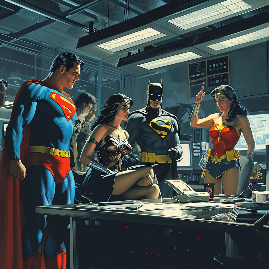 Justice League Superheroes in Modern Office Stopping Cyberattack