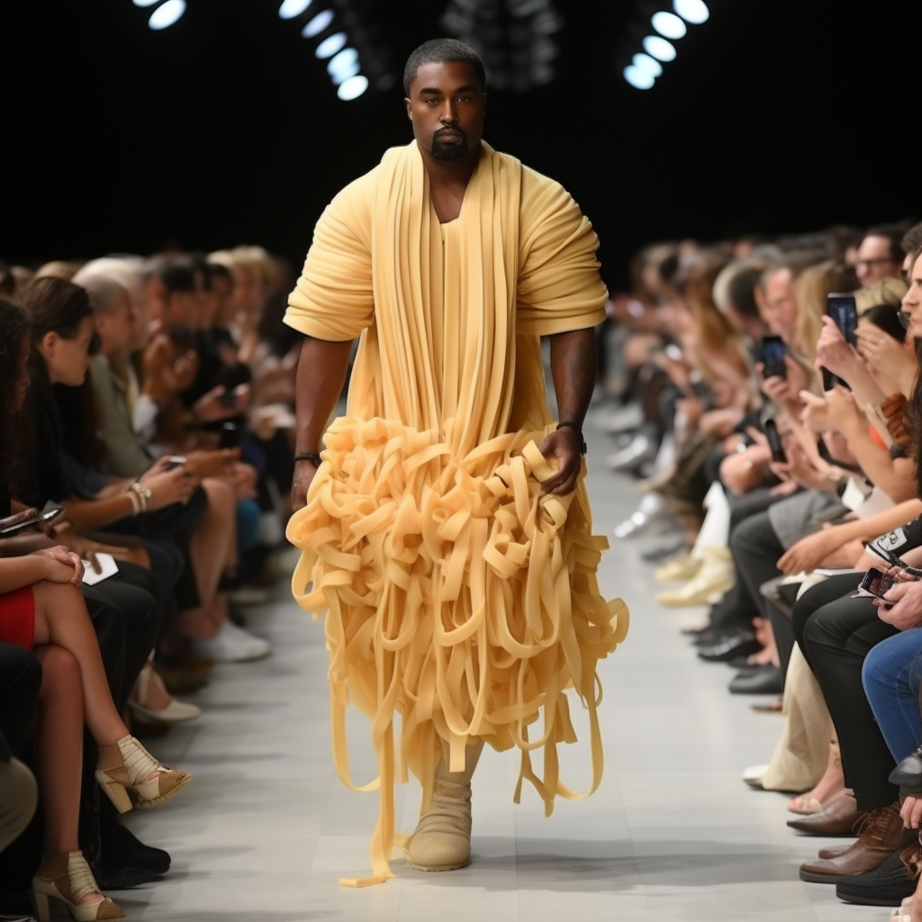 Kanye wearing pasta at fashion show