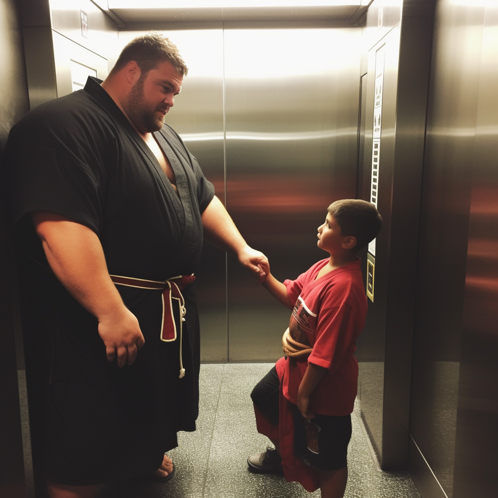 Karate master training young boy in elevator