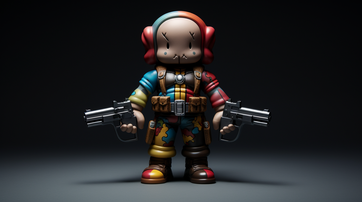 KAWS midget figurine dressed in Gucci clothing with guns