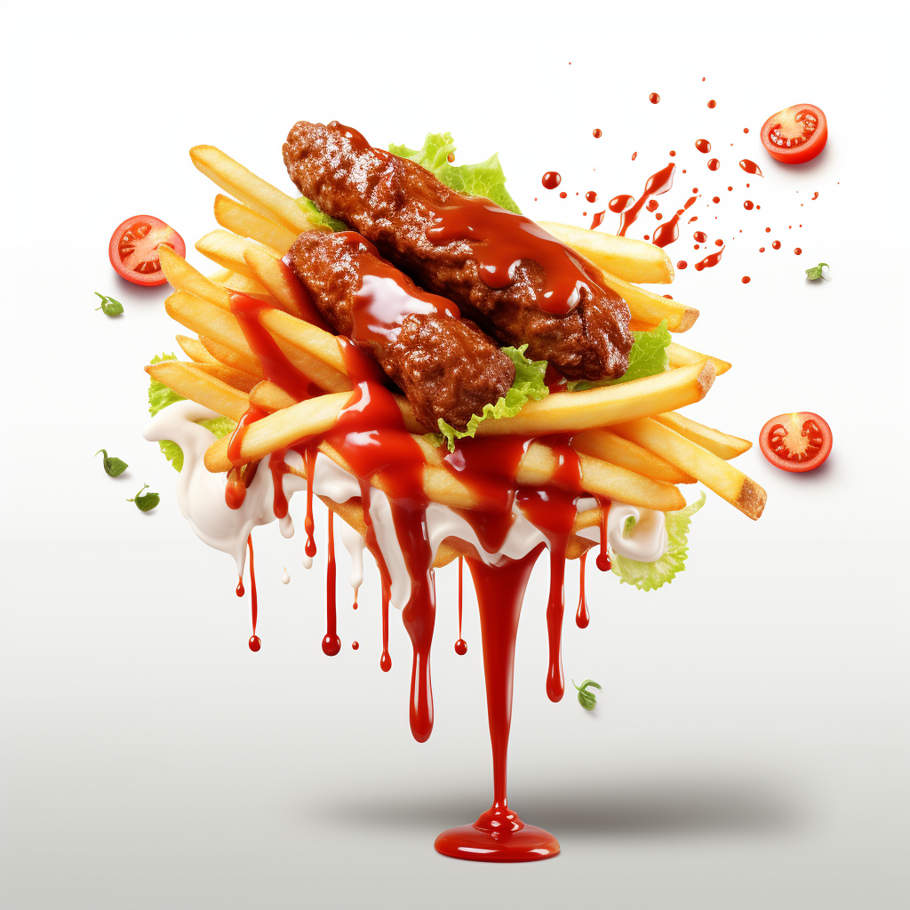 Tempting kebab and fries with dripping ketchup