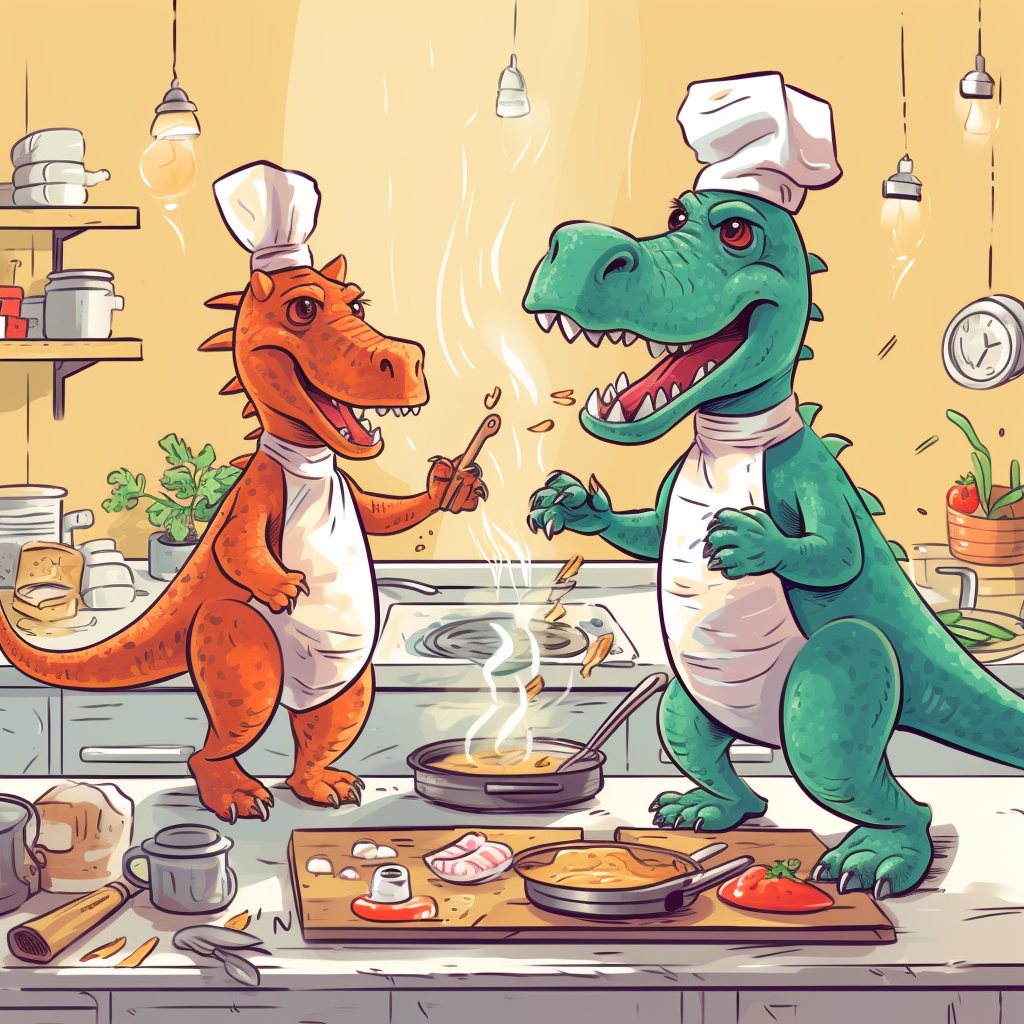 Cute dinosaurs cooking in kids' art