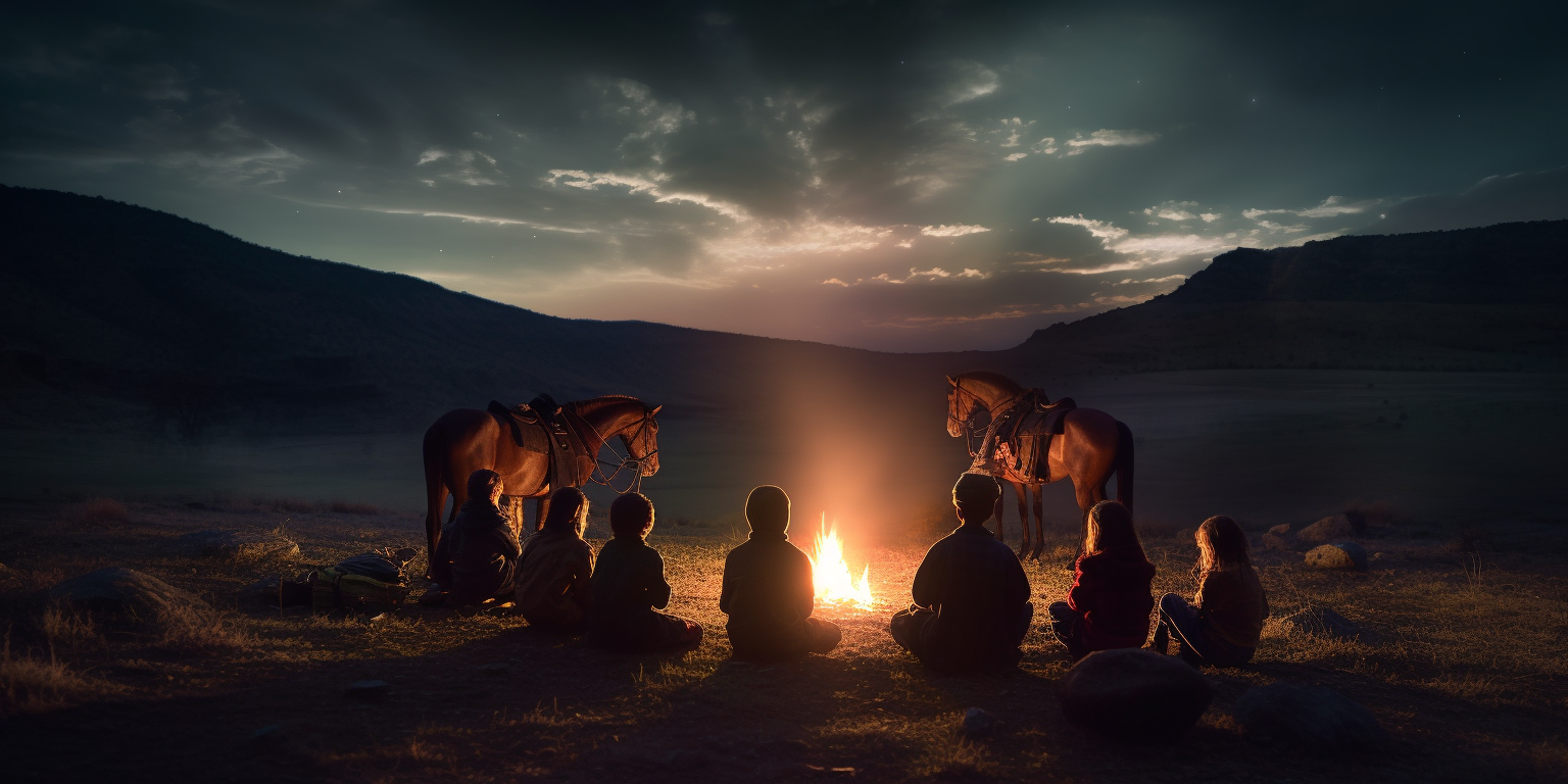 Children gathered around campfire with beam of light