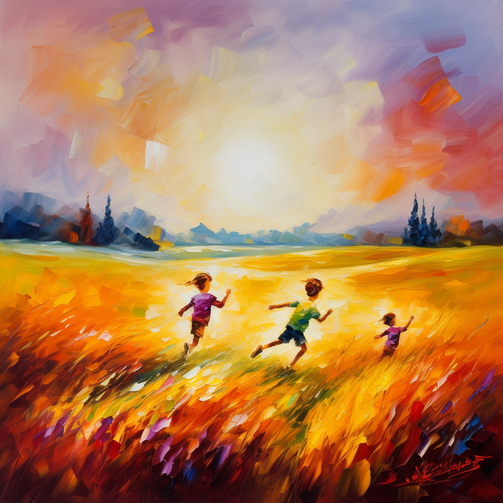 Kids running in field painting