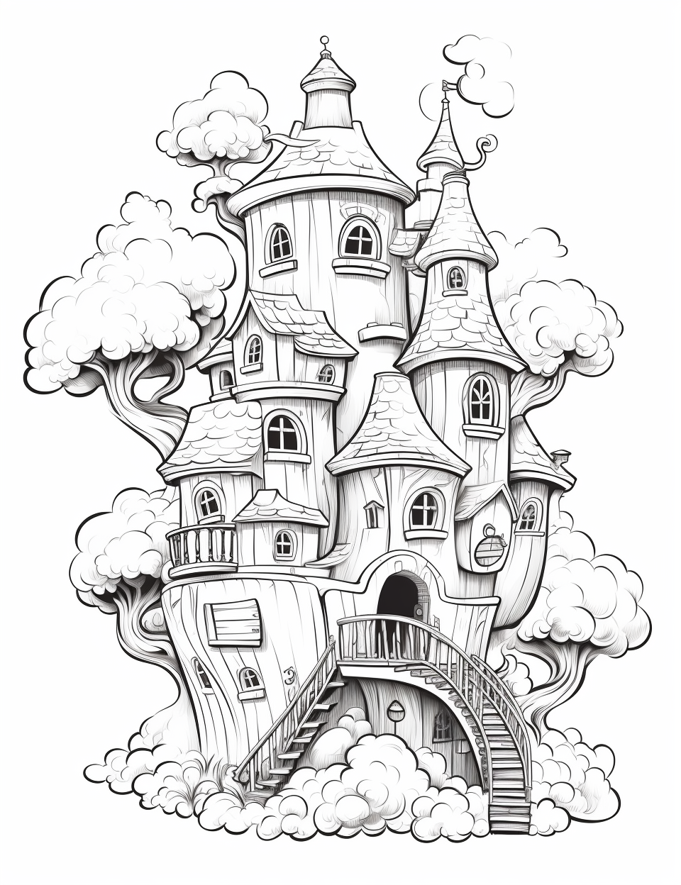 Cute Kids' House on Cloud Coloring Page