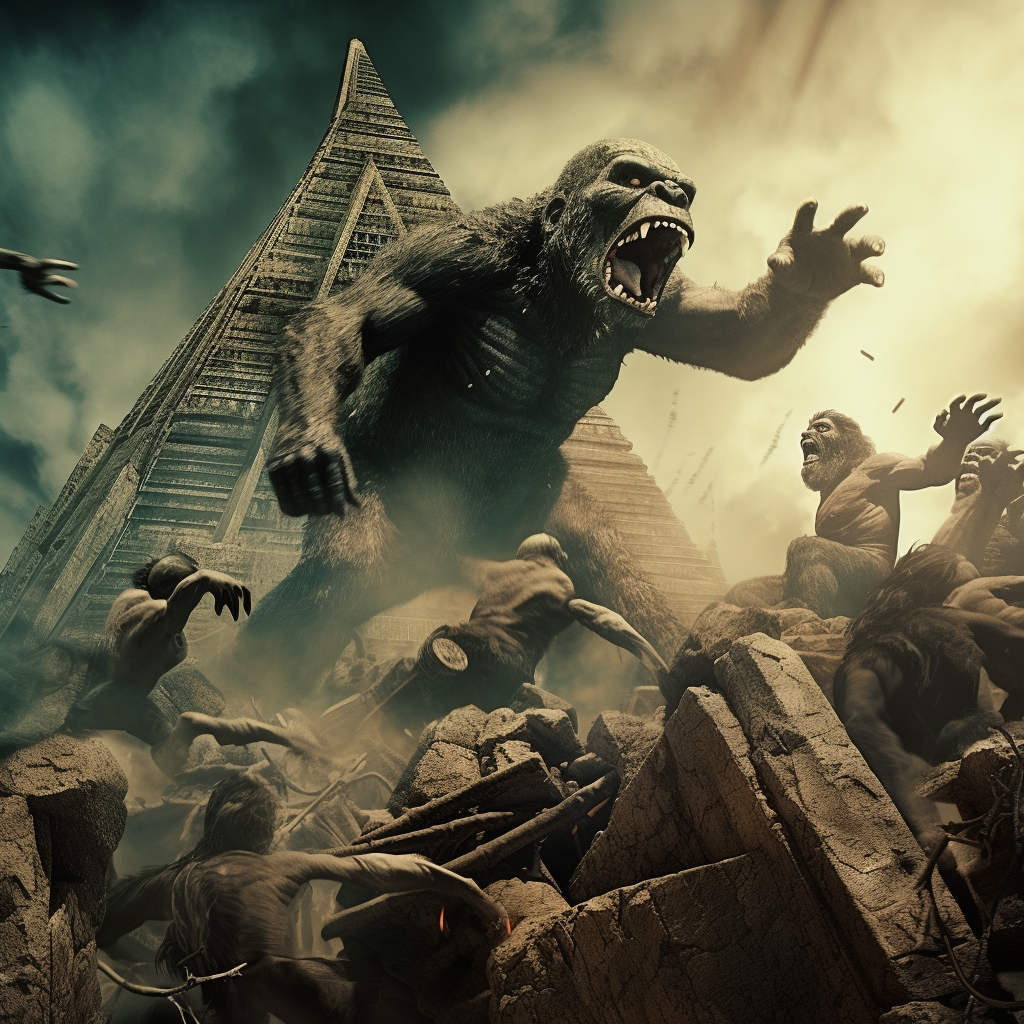 King Kong attacking pyramids in horror style